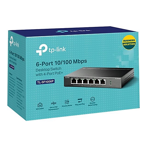 Ein schwarzer TP-Link Desktop Switch mit 6 Ports, auf einer blau-weiÃŸen Box mit Produktinformationen.