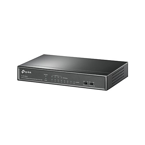 Schwarzer Netzwerk-Switch mit acht AnschlÃ¼ssen. Er hat Anzeigen fÃ¼r die NetzwerkaktivitÃ¤t.