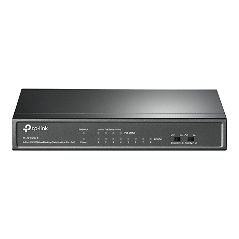 Ein schwarzer Netzwerk-Switch, Marke TP-Link, mit Leuchten und Schaltern, auf weiÃŸem Hintergrund.