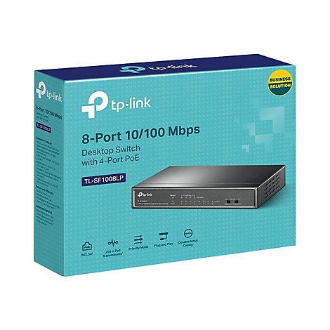 Ein rechteckiger, schwarzer TP-Link Switch auf einer tÃ¼rkisfarbenen Box. Die Box zeigt den Produktnamen und Eigenschaften.