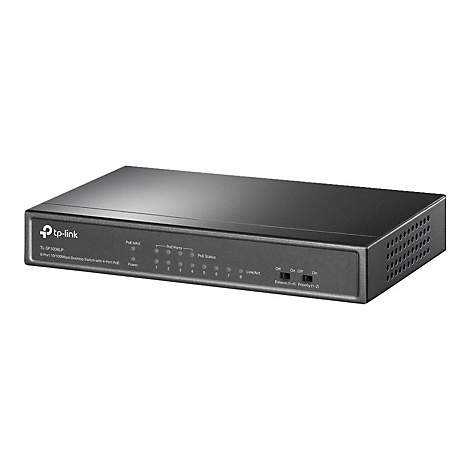 Ein schwarzer Netzwerk-Switch von tp-link. Auf der Vorderseite befinden sich Leuchten und eine Beschriftung.