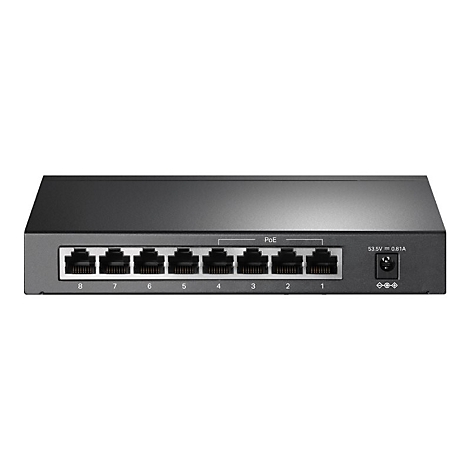 Ein schwarzer Netzwerkswitch mit acht Ports, die von 1 bis 8 nummeriert sind. Aufschrift: PoE und 53,5V 0,61A.