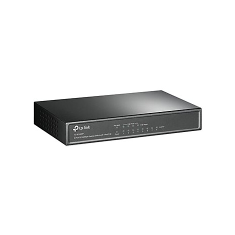 Schwarzer TP-Link Switch, Modell TL-SF1008P, mit Leuchten und Anschlüssen. Aufschrift: 8-Port 10/100Mbps Desktop Switch mit 4-Port PoE.