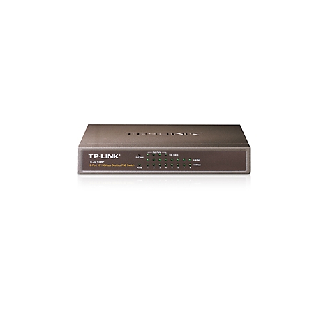 Ein grauer Netzwerk-Switch mit acht Anschlüssen und grünen LED-Leuchten. Oben steht TP-Link.