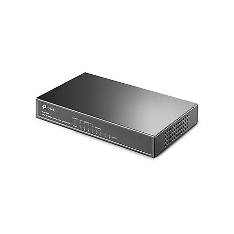 Grauer Netzwerk-Switch von TP-Link. Auf der Front befinden sich LEDs und ein Schriftzug.