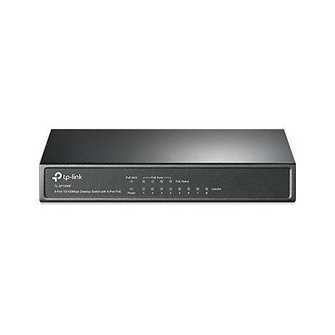 Schwarzer TP-Link Switch, 8-Port, mit Anzeigeleuchten. Aufschrift: 8-Port 10/100Mbps Desktop Switch mit 4-Port PoE.