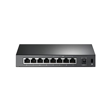 Schwarzer Netzwerk-Switch mit acht Anschlüssen, Beschriftung PoE, Stromanschluss und Sicherheitsaussparung.