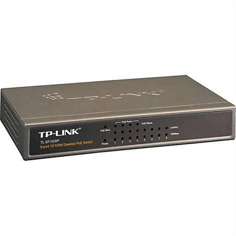 Grauer TP-Link PoE-Switch TL-SF1008P mit acht Ports und Status-LEDs vor weißem Hintergrund.