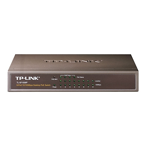 Ein grauer TP-Link 8-Port-PoE-Switch. Auf der Front befinden sich LEDs für PoE, Status und Link/Act. Die Aufschrift "TP-LINK" ist oben eingraviert.
