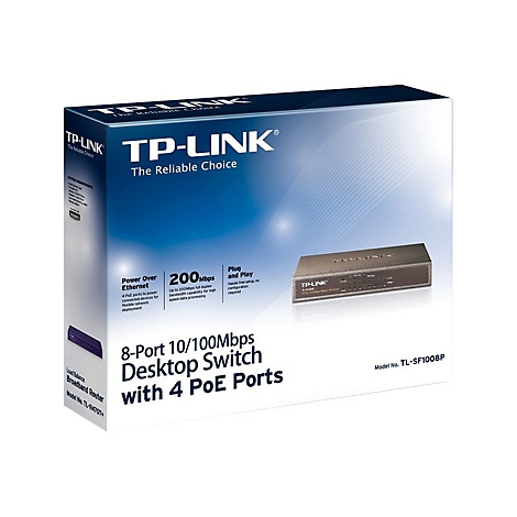 Produktverpackung von TP-LINK, blau und weiß, mit einem abgebildeten Switch. Aufgedruckte Texte: 'The Reliable Choice', '8-Port Desktop Switch'.