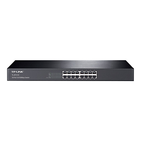 Schwarzer TP-Link-Switch mit 16 Ports, Ports in einer Reihe angeordnet. Text: TL-SF1016.