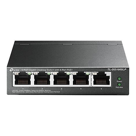 Schwarzer 5-Port Gigabit Desktop Switch. Aufschrift: 5-Port Gigabit Desktop Switch with 4-Port PoE+, mit Power und PoE Max LED.
