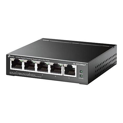 Schwarzer TP-Link 5-Port Gigabit Desktop Switch mit vier PoE+-Ports. FÃ¼nf Ethernet-Ports sind auf der Vorderseite sichtbar, daneben Status-LEDs.