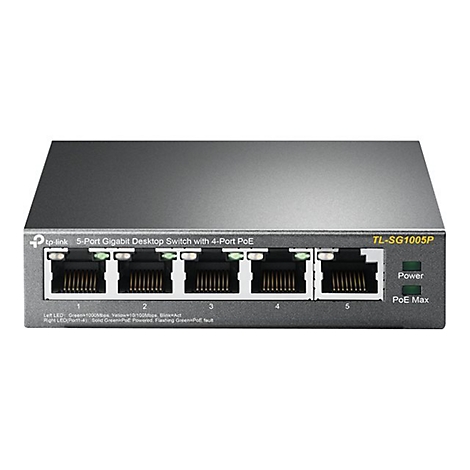 Un commutateur de bureau Gigabit TP-Link Ã  5 ports avec PoE Ã  4 ports. Cinq ports Ethernet, deux LED, Ã©tiquetage.