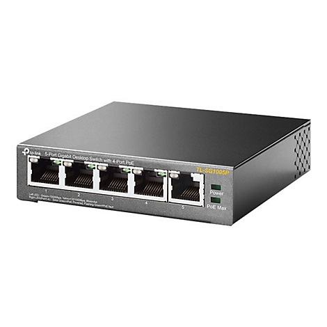 Commutateur de bureau Gigabit 5 ports noir avec PoE 4 ports. Les ports sont Ã©tiquetÃ©s. Voyants d'alimentation et PoE.