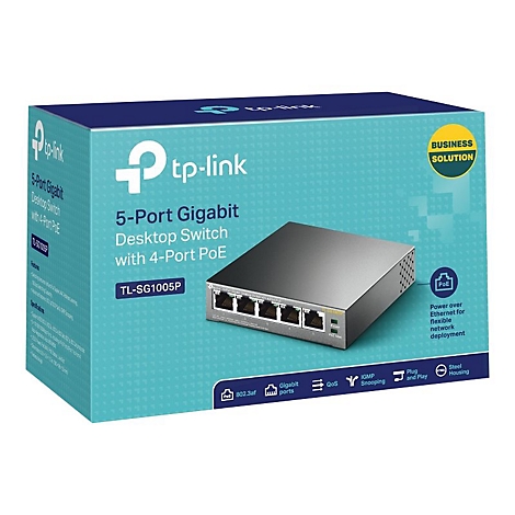 Un commutateur de bureau Gigabit Tp-Link 5 ports gris avec ports PoE sur l'emballage du produit.