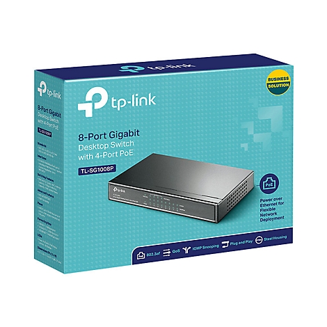 Ein grauer Netzwerk-Switch auf einer blau-weißen Schachtel. Beschriftung: 8-Port Gigabit Desktop Switch.