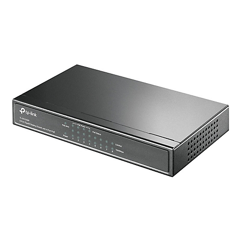 Grauer tp-link Switch, vorne beschriftet mit Modellbezeichnung und Ports, kleine LEDs, seitlich Lüftungsschlitze.