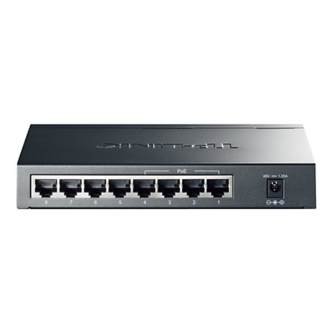 Schwarzer Netzwerk Switch mit 8 Ports. Aufschrift: PoE, 48V, 1,25A. Ports nummeriert von 1-8. Herstellerlogo.