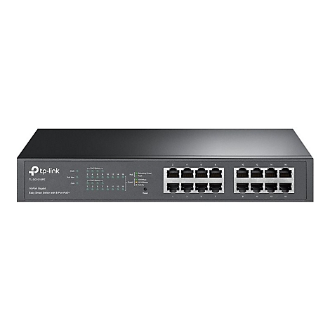 Schwarzer Netzwerk-Switch von tp-link mit 16 Ports. Die Front zeigt Ports, Status-LEDs und Produktbezeichnung.