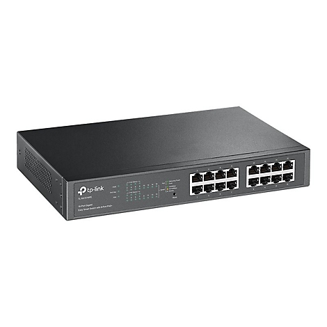 Schwarzer Netzwerk-Switch von TP-Link mit 16 Anschlüssen und LED-Anzeigen.