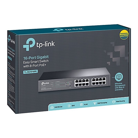Auf einer Schachtel liegt ein 16-Port-Gigabit-Easy-Smart-Switch von TP-Link. Das Produkt ist abgebildet und mit verschiedenen Funktionen wie PoE 802.3at und VLAN beschriftet.