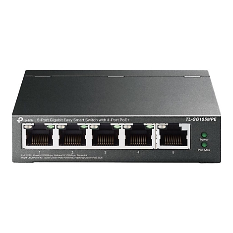 Schwarzer Netzwerk-Switch mit fÃ¼nf Ethernet-AnschlÃ¼ssen. Auf der Oberseite steht TL-SG105MPE und 5-Port Gigabit Easy Smart Switch.