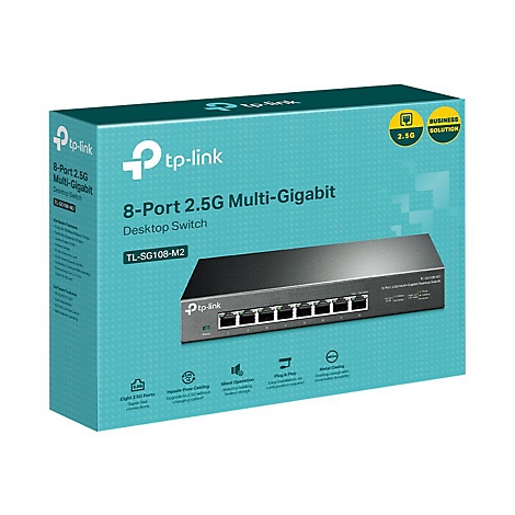 Ein schwarzer tp-link 8-Port 2.5G Multi-Gigabit Desktop Switch auf einer helltÃ¼rkisen Verpackung.