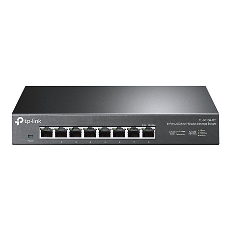 Schwarzer TP-Link 8-Port 2,5G Desktop Switch. Auf der Vorderseite befinden sich 8 Ports, daneben Anzeigen und Schriftzug.