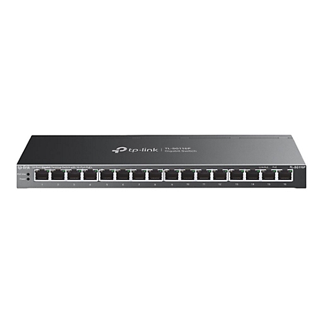 Ein grauer TP-Link Netzwerk-Switch mit mehreren Ports, vor weiÃŸem Hintergrund.