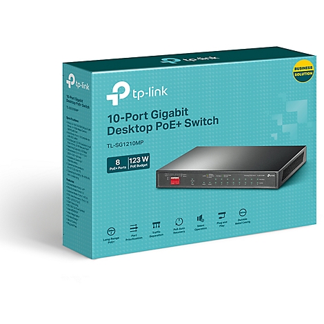 Eine Produktverpackung des TP-Link 10-Port Gigabit Desktop PoE+ Switch mit Produktbild. Aufschrift: 10-Port Gigabit Desktop PoE+ Switch, TL-SG1210MP.