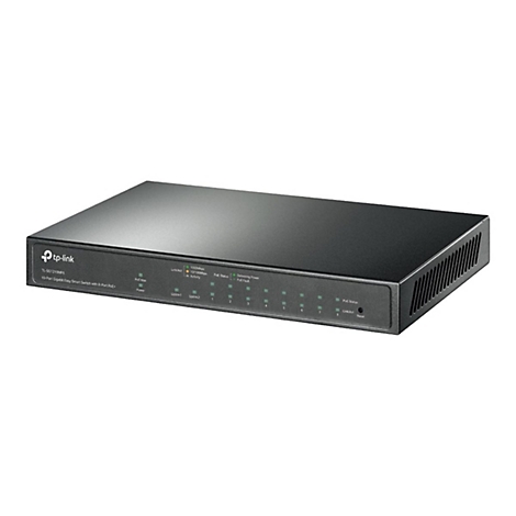 Schwarzer TP-Link Switch, Modell TL-SG1210MPE. Mit LED-Anzeigen für Status und Aktivitäten. Text: 10-Port Gigabit Easy Smart Switch mit 8-Port PoE.