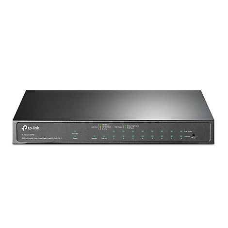 Ein schwarzer TP-Link Netzwerk-Switch, Ansicht von vorne, mit Ports und Kontrollleuchten.
