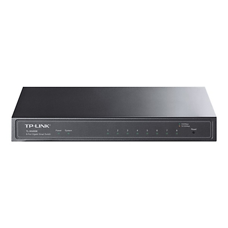 Commutateur intelligent Gigabit TP-Link 8 ports noir, vue de face avec ports et Ã©tiquettes.