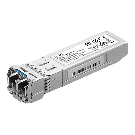 Ein silberfarbener TP-Link SFP+-Transceiver. Der Stecker hat einen blauen Einsatz. Auf dem Gehäuse befinden sich Aufkleber mit Informationen und Logos.