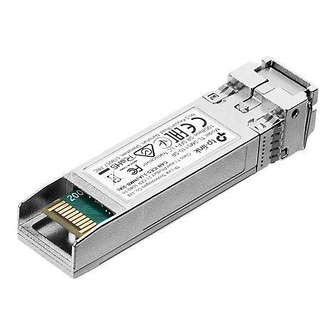 Un émetteur-récepteur SFP+ TP-Link argenté. Des inscriptions sur la surface indiquent le modèle, le fabricant et les certifications.