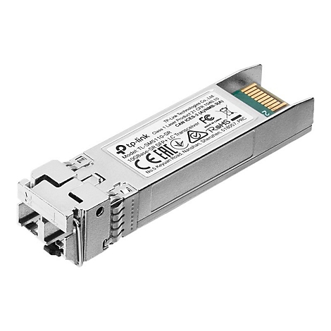Un émetteur-récepteur SFP+ TP-Link argenté avec marquages et étiquettes. Vue détaillée sur fond blanc.