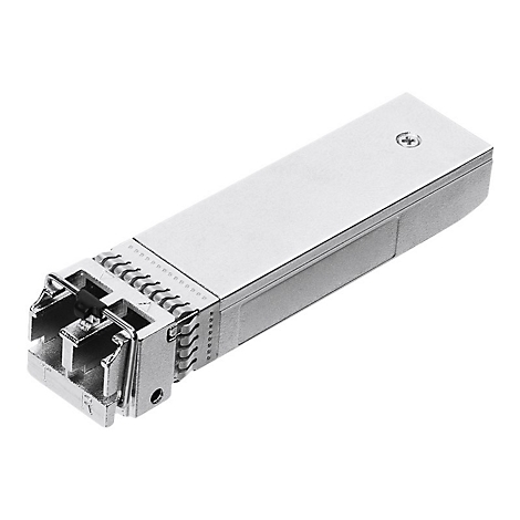 Un émetteur-récepteur SFP métallique et rectangulaire, de couleur argent avec des contacts complexes. Détails : vis sur le dessus, bornes de connexion.