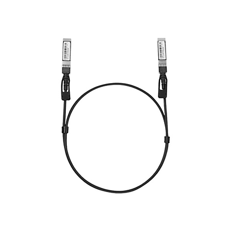 Zwei SFP-Kabel mit schwarzen Kabeln und Steckern mit Etikett vor weißem Hintergrund.