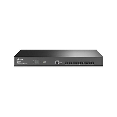 Ein schwarzer TP-Link Switch mit zahlreichen Anschlüssen und LED-Anzeigen, vor weißem Hintergrund.
