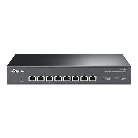 Ein schwarzer TP-Link Netzwerk-Switch, mit 8 Ports und LED-Anzeigen, vor weißem Hintergrund.