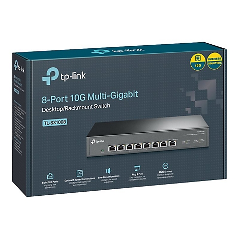 Verpackung des TP-Link 8-Port 10G Multi-Gigabit Switches TL-SX1008 auf weißem Hintergrund.