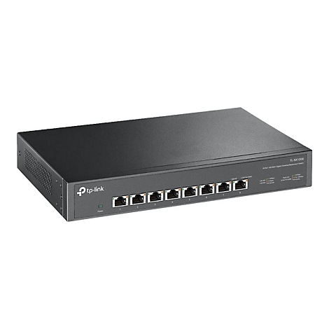 Schwarzer Netzwerk-Switch von TP-Link mit acht Ports.