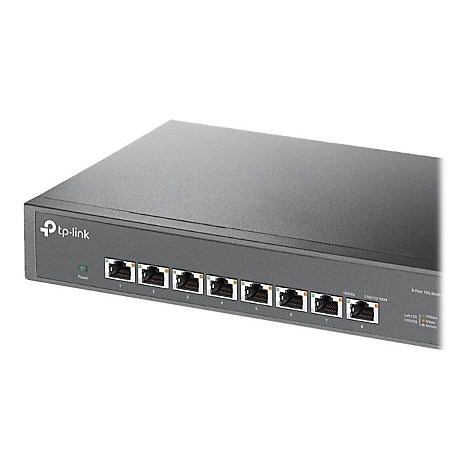 Ein schwarzer TP-Link Switch mit acht Ports, Anschlüssen und LED-Anzeigen. Das Gerät ist im Detail abgebildet.