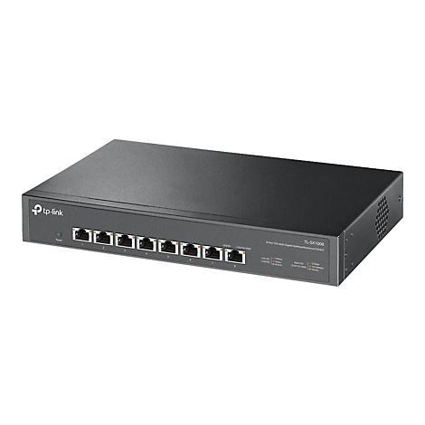 Schwarzer TP-Link Switch TL-SX1008 mit 8 Anschlüssen. Aufschrift: 8-Port 10G Multi-Gig Desktop/Rackmount Switch.