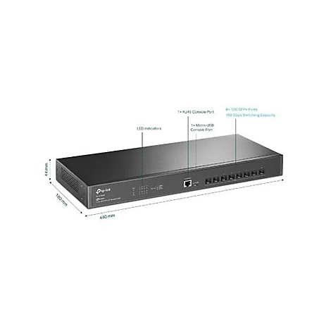 Schwarzer Netzwerk-Switch von TP-Link mit Beschriftungen: RJ45-Konsolen-Port, Micro-USB-Konsolen-Port, 8x SFP+ Ports und LED-Anzeigen.