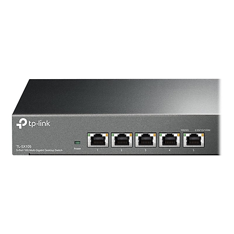 Grauer Netzwerk-Switch mit 5 Anschlüssen und dem Logo von tp-link.