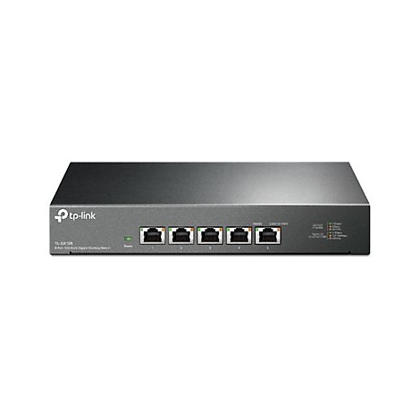 Grauer Netzwerk-Switch mit fünf Ethernet-Ports und LED-Anzeigen, TP-Link-Logo.