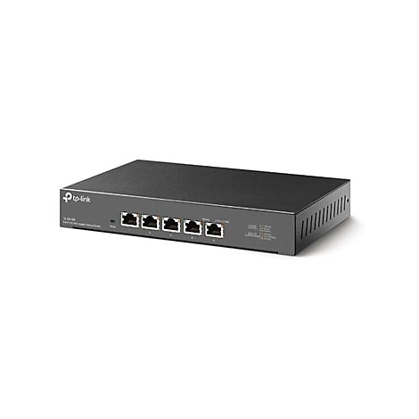 Schwarzer Netzwerk-Switch mit sechs Ethernet-Ports. Auf dem Gerät steht "tp-link".