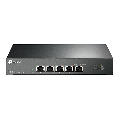 Ein schwarzer TP-Link-Switch mit fünf Anschlüssen. Auf der Vorderseite sind Anschlüsse, LEDs und das Logo zu sehen.